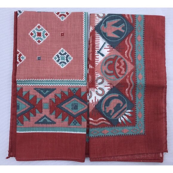 2 VTG Aztec Southwestern Bandana Handkerchief Native American Rockabilly Red - Picture 1 of 16